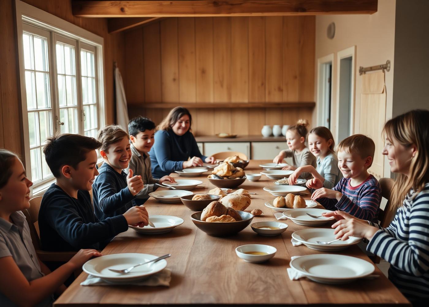 Children and house parents sharing a homemade meal at a long farmhouse table