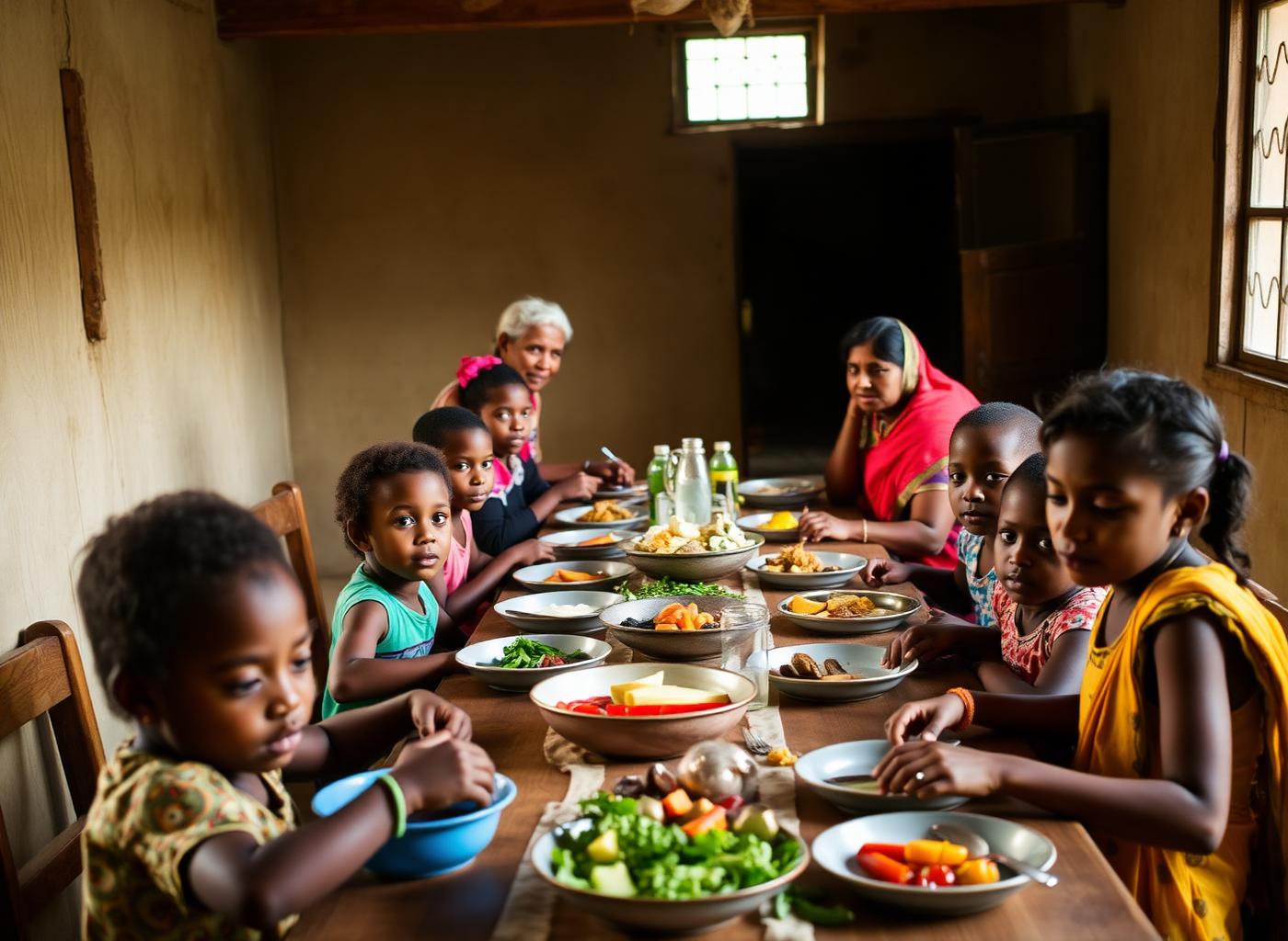Children and house parents sharing a homemade meal at a long farmhouse table