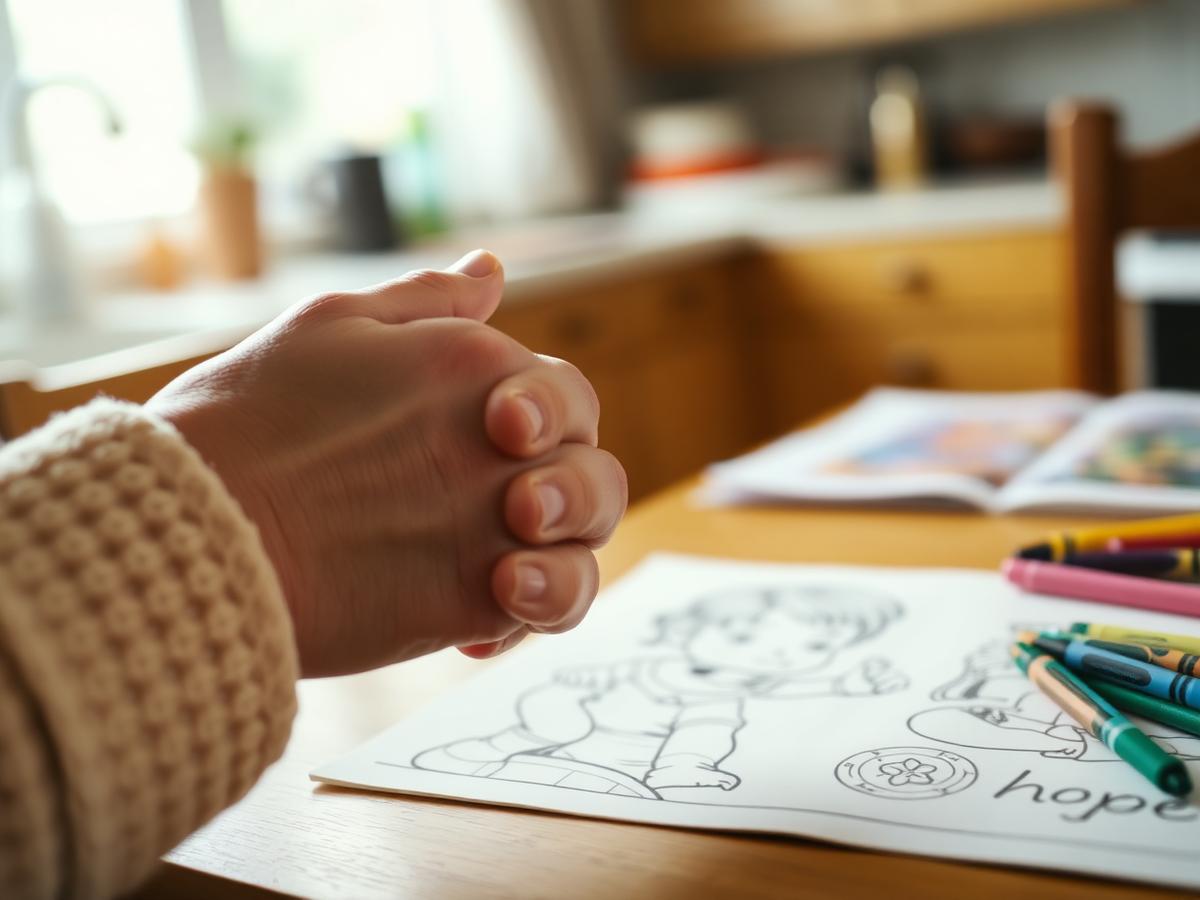 Adult hand resting near a child's coloring book and crayons