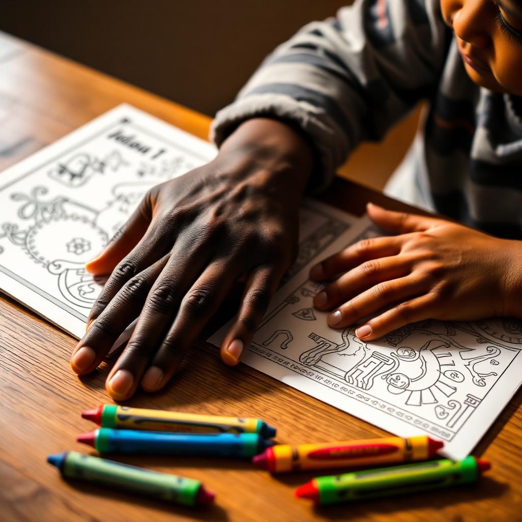 Adult hand resting near a child's coloring book and crayons