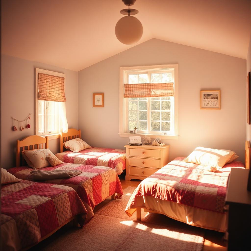 A peaceful sunlit children's bedroom with quilted beds