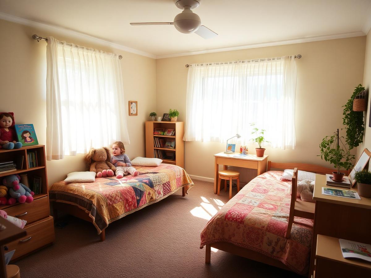 A peaceful sunlit children's bedroom with quilted beds