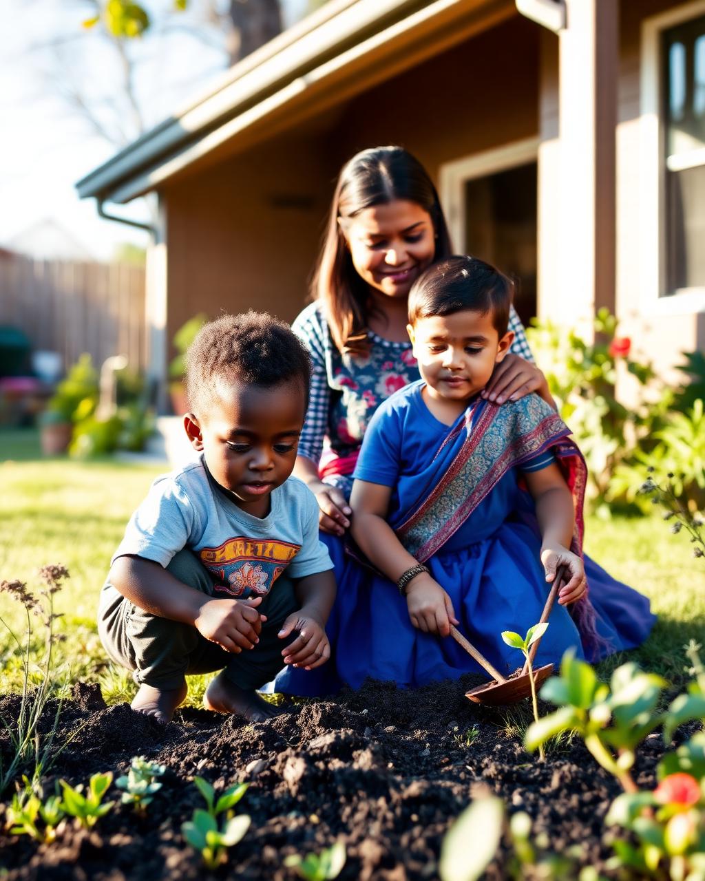 Children gardening with a house parent in the backyard