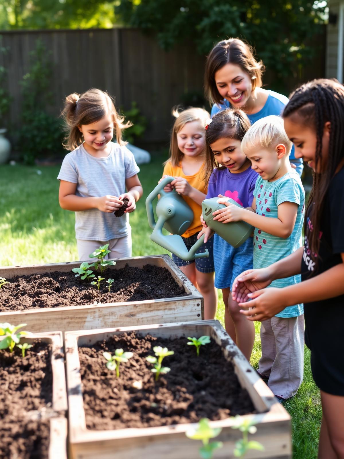 Children gardening with a house parent in the backyard