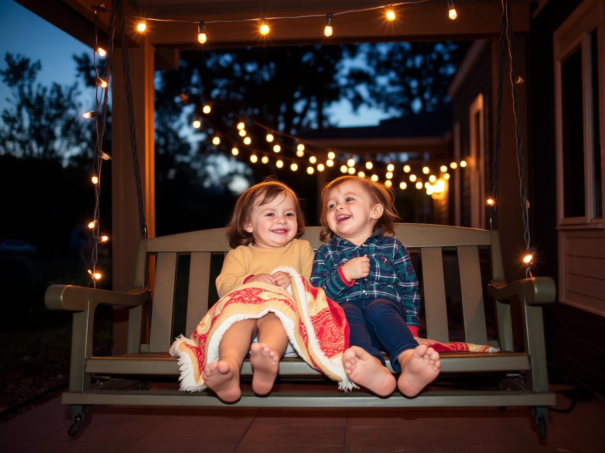 Two children laughing on a porch swing under warm string lights at dusk