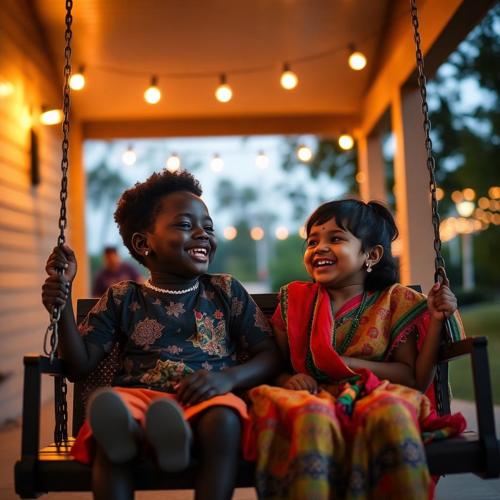 Two children laughing on a porch swing under warm string lights at dusk